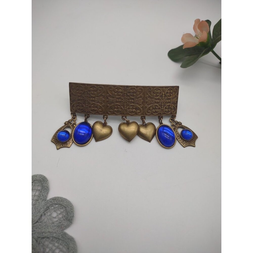 Vintage Rare French Charms Hair Barrette Clip Brass Tone Metal Cobalt Blue Glass